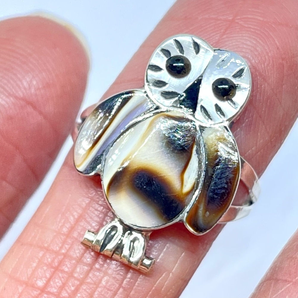 Zuni Inlay Barn Owl Ring Sz 8 Turquoise Signed Sterling Native Native America - Picture 6 of 6